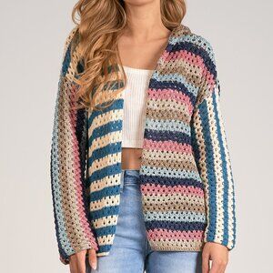 ELAN SP24 Long Sleeve Multicolor Crocheted CARDIGAN with Hood Size: Medium